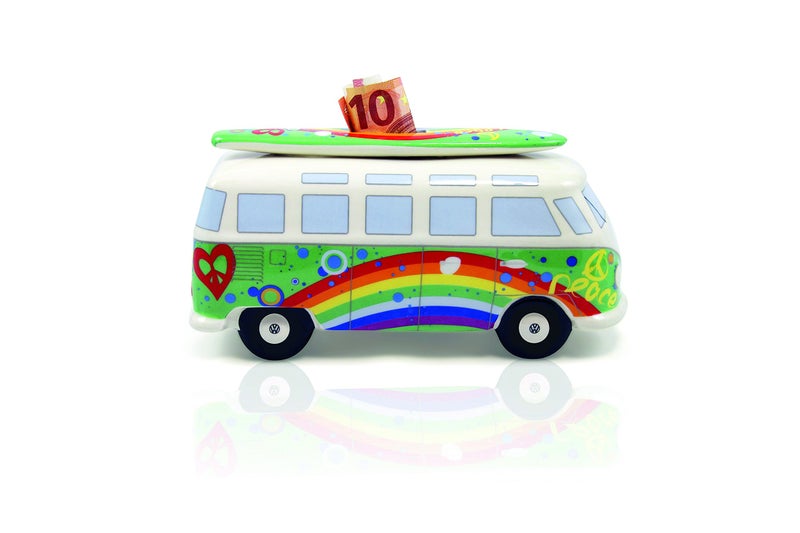 BRISA VW Collection - Volkswagen Savings Bank Piggy Bank Money Coin Box with Surfboard in T1 Bus Samba Design (Love Bus/Green) - Image 3